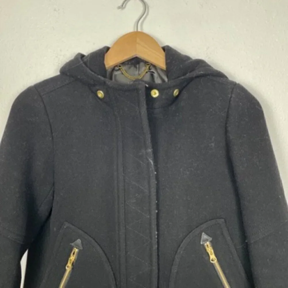 J.Crew Black Chateau Parka Italian Wool Stadium Cloth Hooded Coat sz:00 B3901